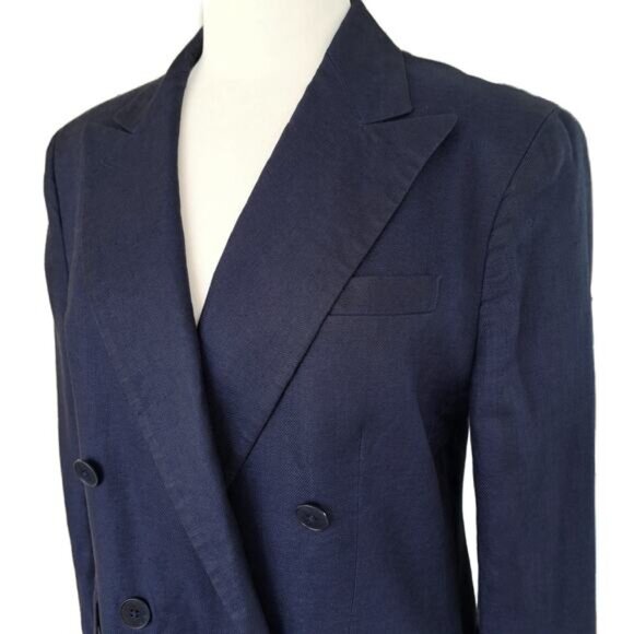 LAUREN Ralph Lauren Navy Linen Double Breasted Blazer Size 6 Relaxed Fit - Picture 4 of 8
